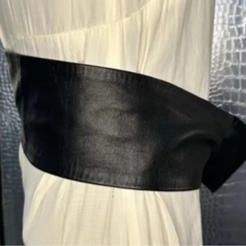 Vintage 80s Black Faux Leather Wide Waist Belt Headlight Rhinestone Accent